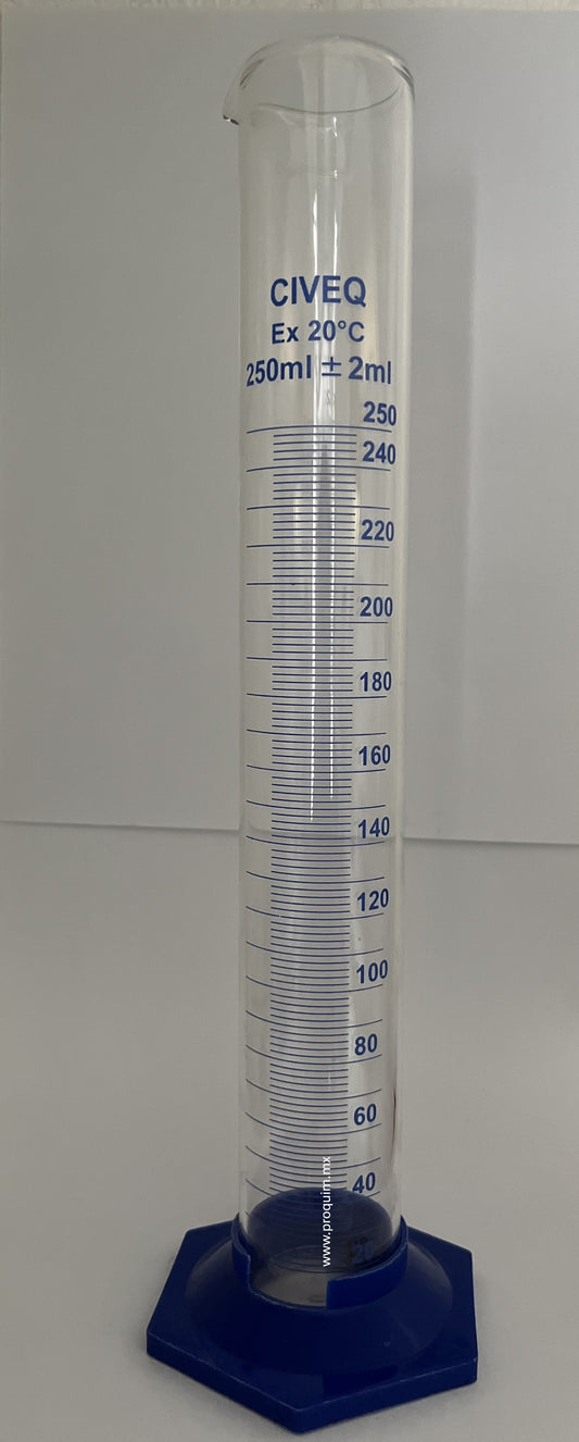 PROBETA GRADUADA DE VIDRIO CON BASE DE PLASTICO 250ml.